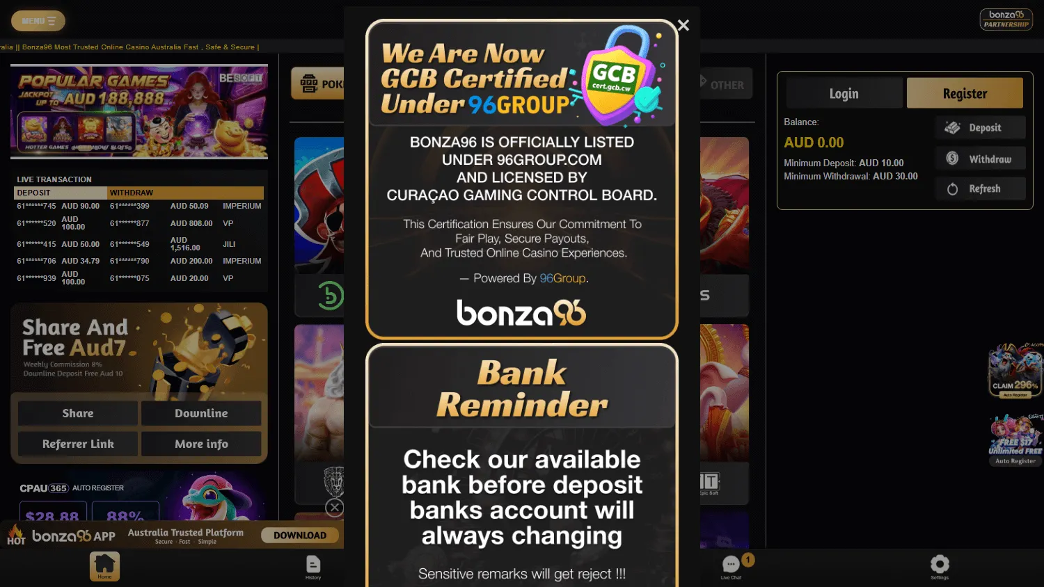 Bonza96 Casino desktop home interface for Australian players