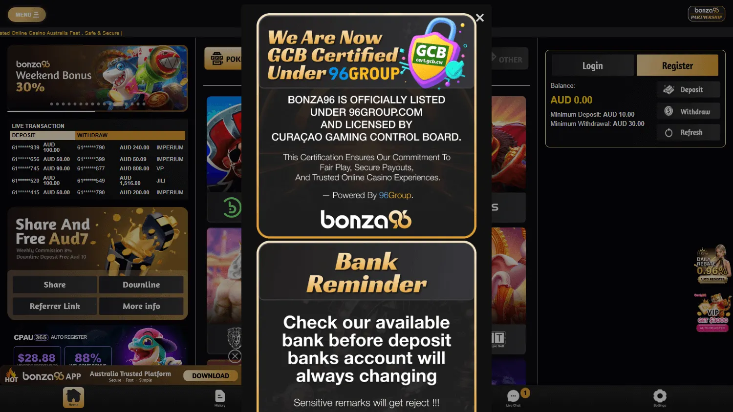 Bonza96 Casino desktop games catalogue with casino titles